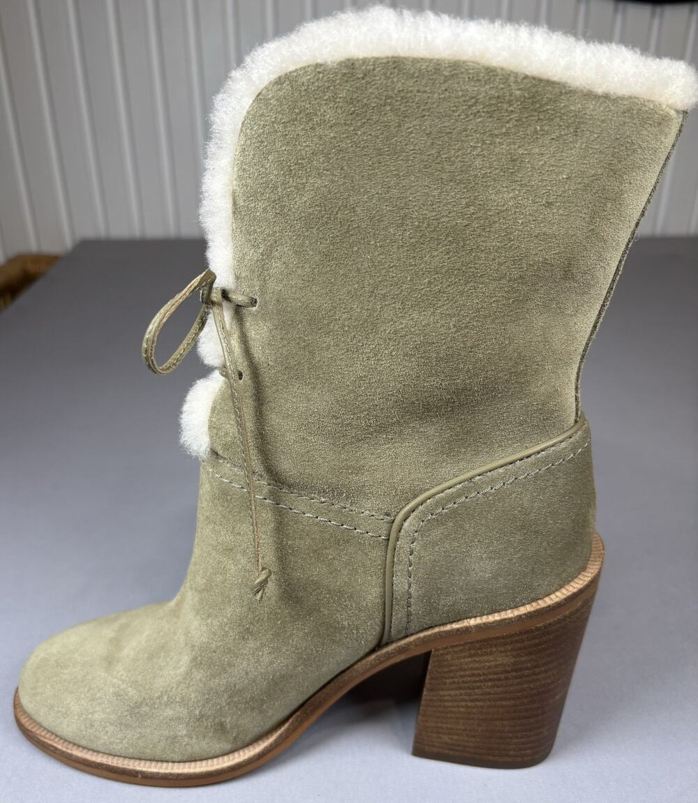 UGG Shearling Lace Up Boots Womens 7 Suede Mid Calf Block Heel Taupe Rare